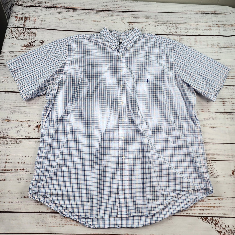Ralph Lauren Button Down Shirt Mens 3XLT Tall Short Sleeve Plaid Blue Pink